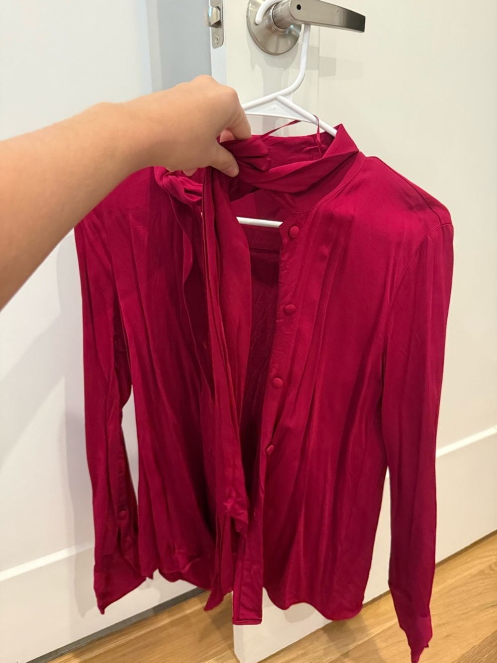 Zara Magenta Button-Front Blouse with Neck Tie